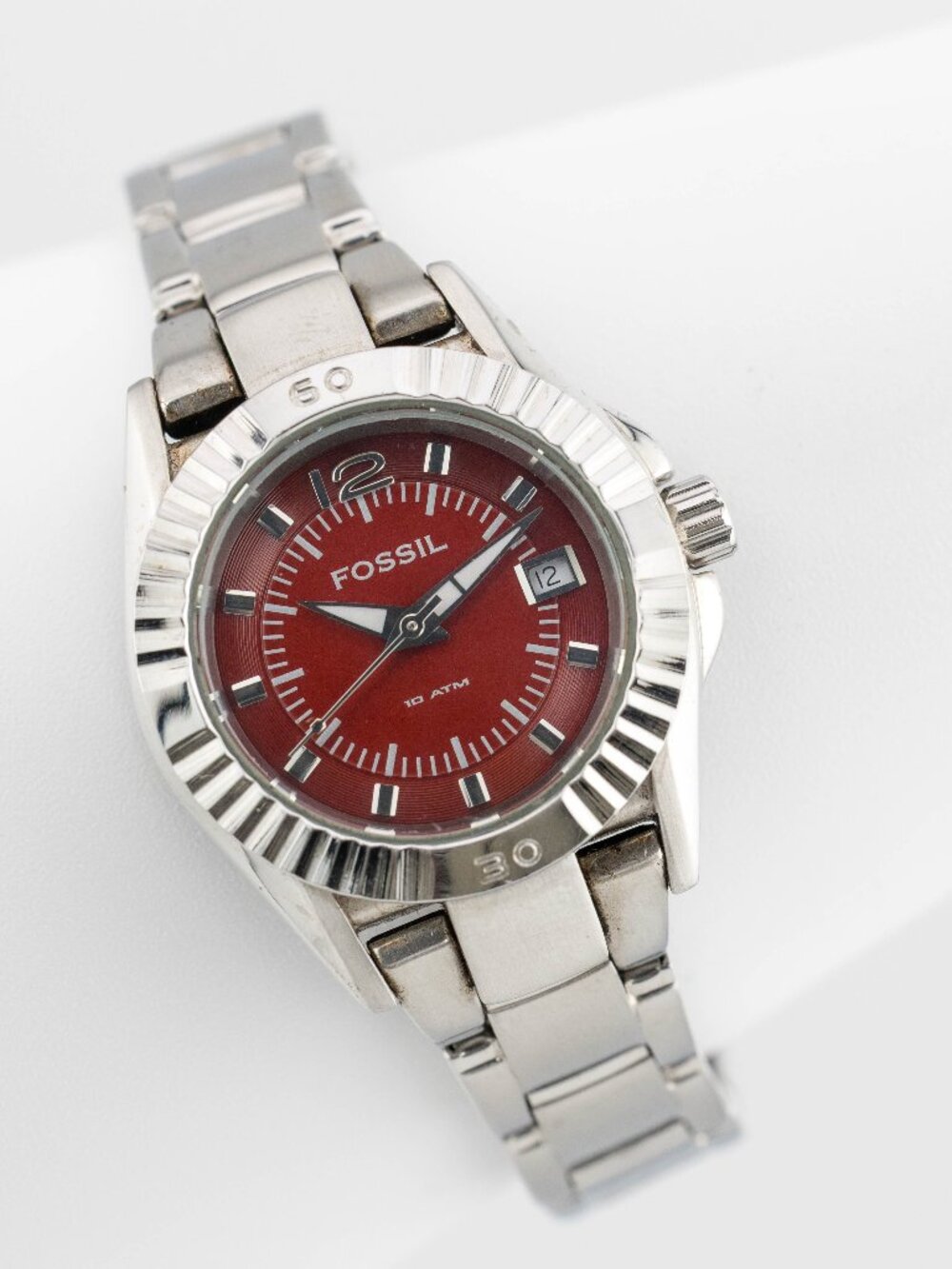 Fossil AM-4186 Women’s Red Dial Silver Quartz Analog Watch Fresh Battery